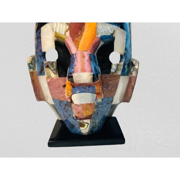 Mexican Aztec Mayan Mask Color-block Stone High-gloss Lacquered Death Mask on Pe - Picture 2 of 10